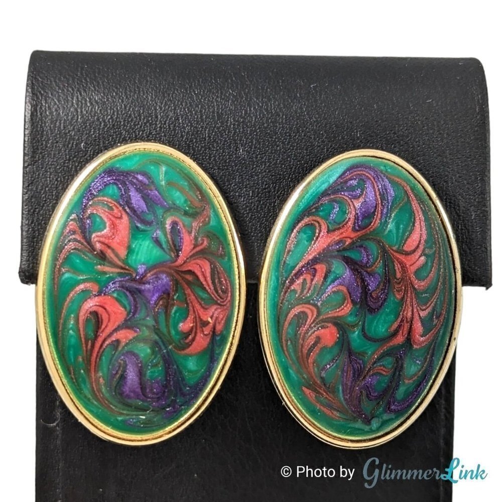Vintage Large Multicolor Enamel Swirl Oval Gold Tone Earrings